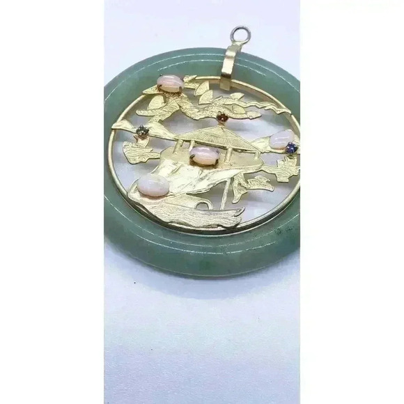 Vintage Jade Aventurine Eternity Circle Pendant Gold Filled Opal Rhinestone - Picture 7 of 9